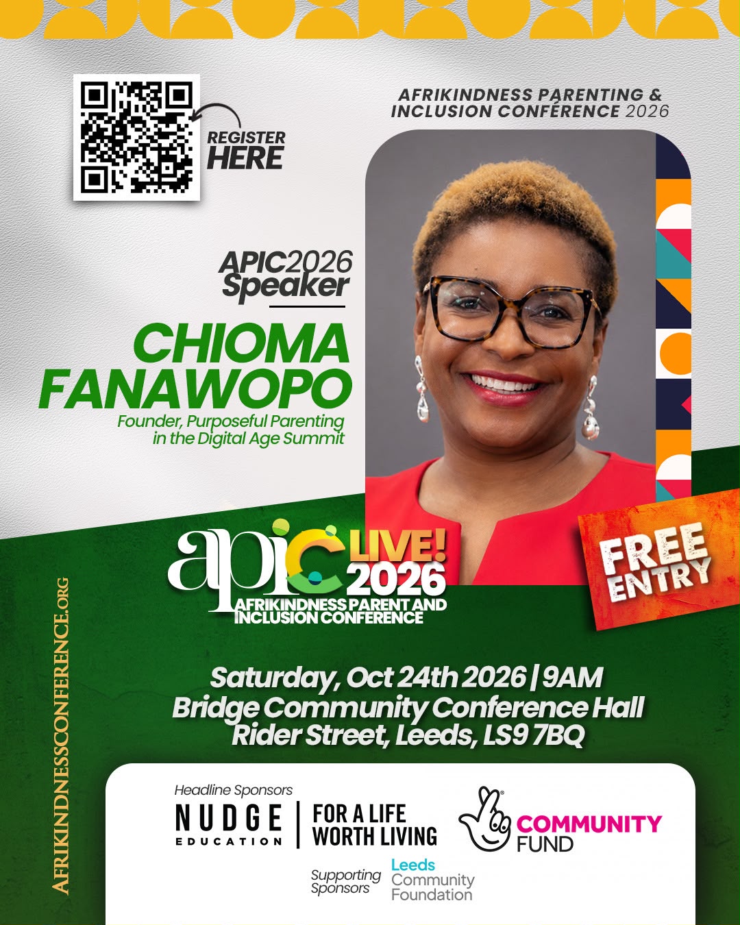 APIC 2026 flyer featuring speaker Chioma Fanawopo: Saturday 24 October 2026, 9am, Bridge Community Conference Hall, Leeds; free entry